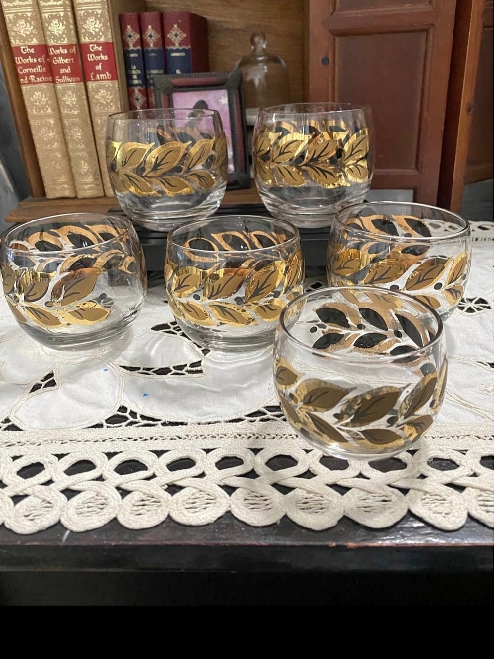 Vintage MCM Roly Poly Glasses Set 6 Federal Golden Laurel Leaf